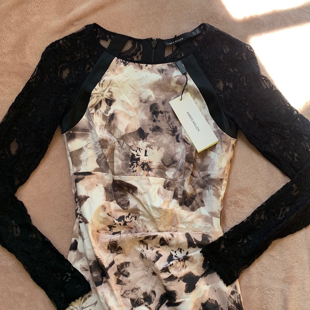 Karen Millen Black Lace long sleeve floral pencil midi dress - Picture 2 of 14